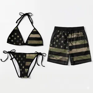 Camo Matching Couple Swimwear Set 4th of July, USA Flag Stars Stripes Camouflage Bikini & Mesh Shorts, Gift for Couples