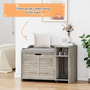 Hidden Cat Litter Box with 2-Tier Storage Shelves, Cushion, Platform & Concealed Cat Bathroom Furniture