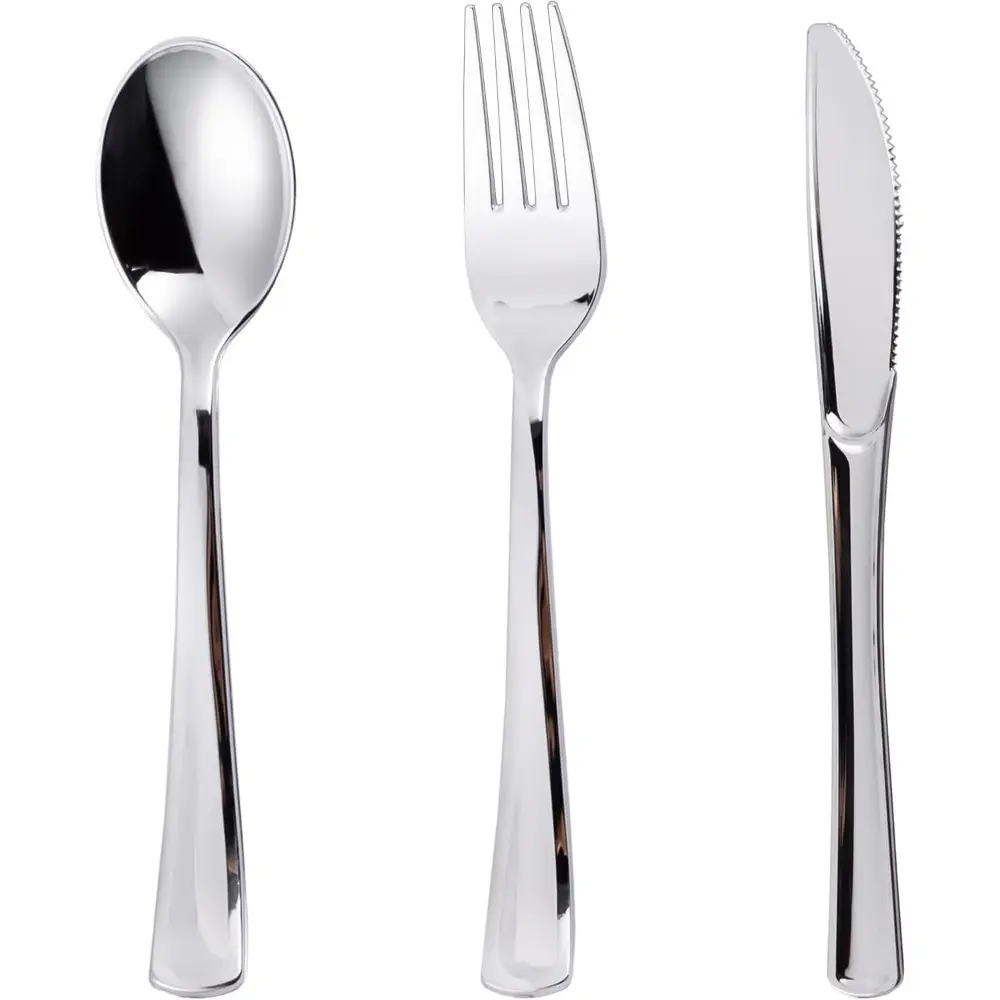 N9R 120PCS Sturdy Silver Plastic Utensils Pack - Great Value Disposable Cutlery with 60 Forks, 30 Spoons, 30 Knives, Hand Wash Option, Glam for Wedding Party Tableware Use, Sturdy Shine, Heavy-Duty