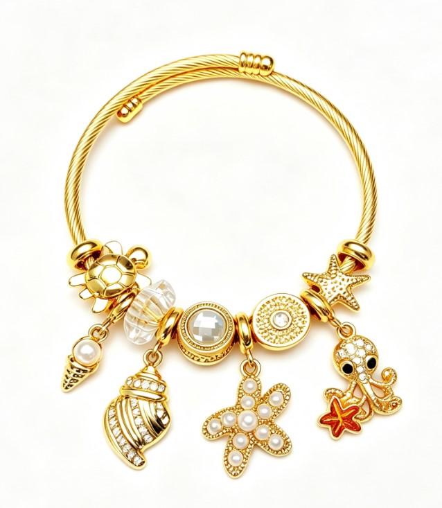 Gold Ocean Sea Themed Open Cuff Bangle, Adjustable Twisted Cable Wire Bracelet with Octopus, Turtle, Starfish, Seashell, Pearl & Crystal Charms, Summer Beach Stackable Jewelry Gift for Women Girls Gold Ocean Sea Themed Open Cuff Bangle, Adjustable Twisted Cable Wire Bracelet with Octopus, Turtle, Starfish, Seashell, Pearl & Crystal Charms, Summer Beach Stackable Jewelry Gift for Women Girls