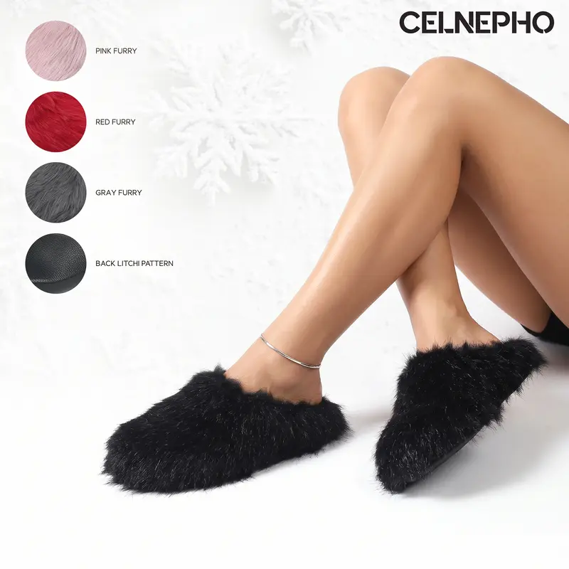 CELNEPHO Womens Faux Fur Fluffy Fuzzy Slippers Mules Round Toe Flat Heel Cozy Warm Slides Easy Slip on Comfy Plush Gifts Party Everyday Wear Outdoor Casual Trendy Fashionable Clog Slipper Dress Home Shoes