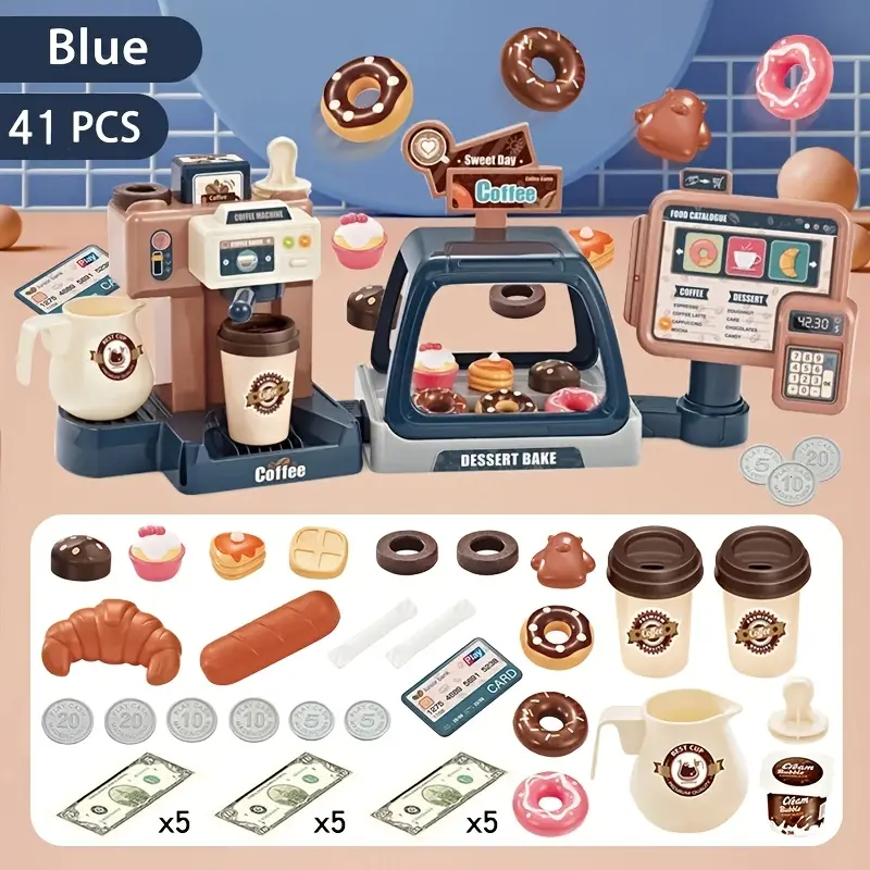 41-Piece Pretend Play Coffee Shop Playset for Kids - Realistic Kitchen & Food Toy with Coffee Maker, Sound Cash Register, Dessert Bakery, Play Money, Donuts, Cakes for Birthday Party Fun