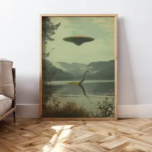 Loch Ness Monster Art, UFO Poster Wall Art, Surreal Poster Print, Aesthetic UFO Wall Art, Flying Saucer Poster