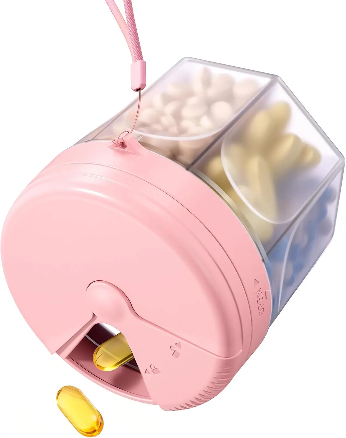 Cute Pill Dispenser with 7 Large Compartments, Portable Pill Bottle Organizer with Wide Opening for Travel, Anti-Mixing Pill Container, Shatterproof BPA-Free, Includes 20 Pcs Labels, Pink