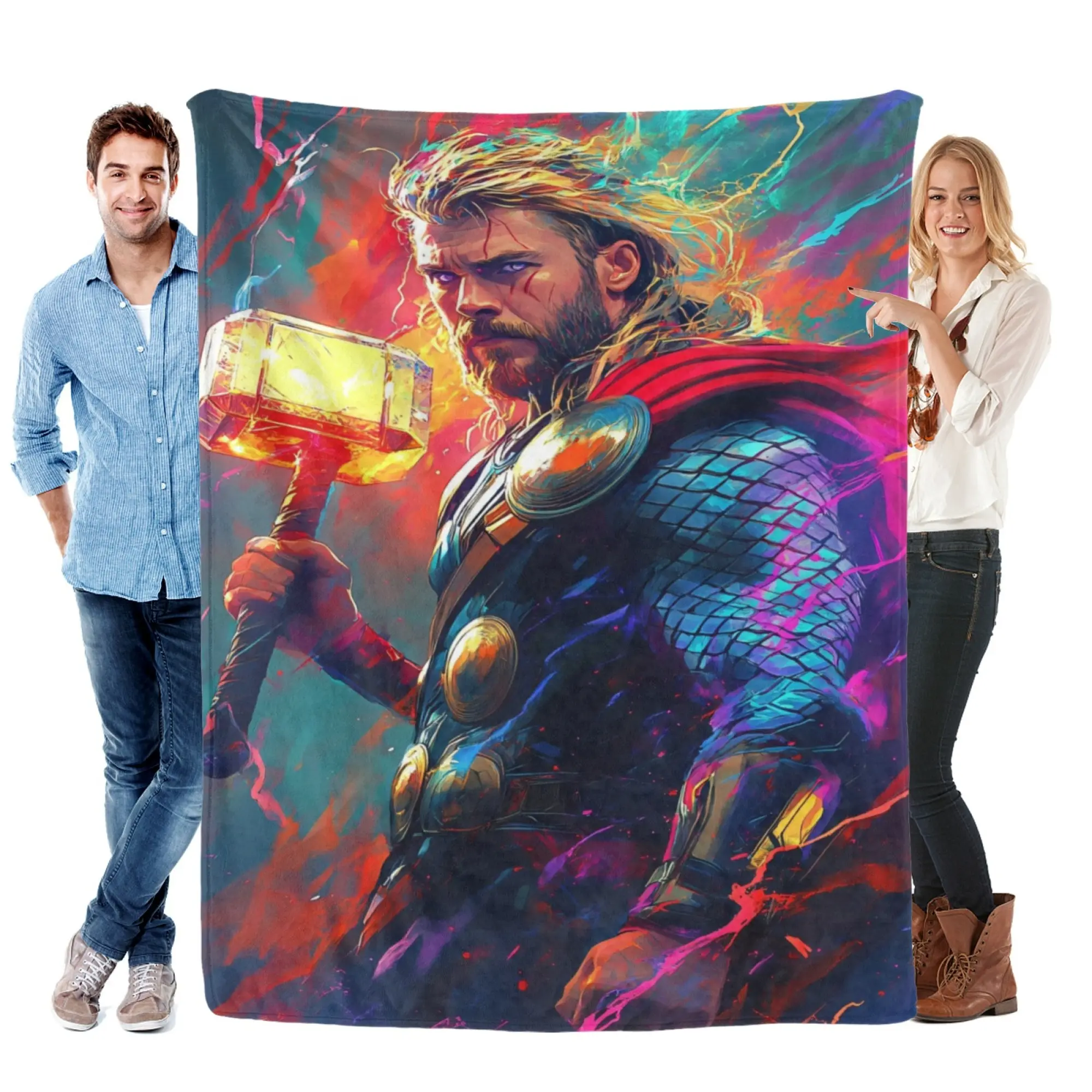 [SummerVibes] MARVEL CLASSIC Thor Flannel Blanket, Vibrant Neon Art 2D Print for Home, Couch & Bedroom Decor