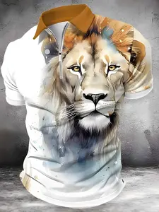 Men's Lion Print Polo Shirt, Regular Fit Casual Short Sleeve Zipper Top for Summer, Fashion Men's Clothes for Daily Wear