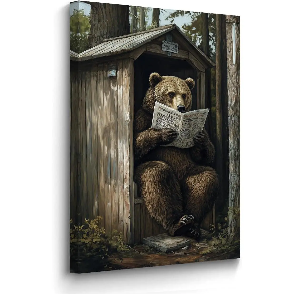 Bear Canvas Wall Art Rustic Bear in Outhouse Picture for Bathroom Animal on Toilet Prints Forest Wildlife Painting Farmhouse Cabin Bathroom Decor Framed (Black, 20L x 16W)