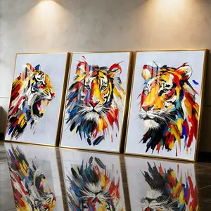 3Pcs Aluminum Alloy Framed Painting, Colorful Abstract Tiger Portrait Picture, Home Decoration For Living Room, Bedroom, Office, Restaurant, Hallway Wall Decor, Odorless Print Artwork, Luxury Perfect Gift For Friends And Family