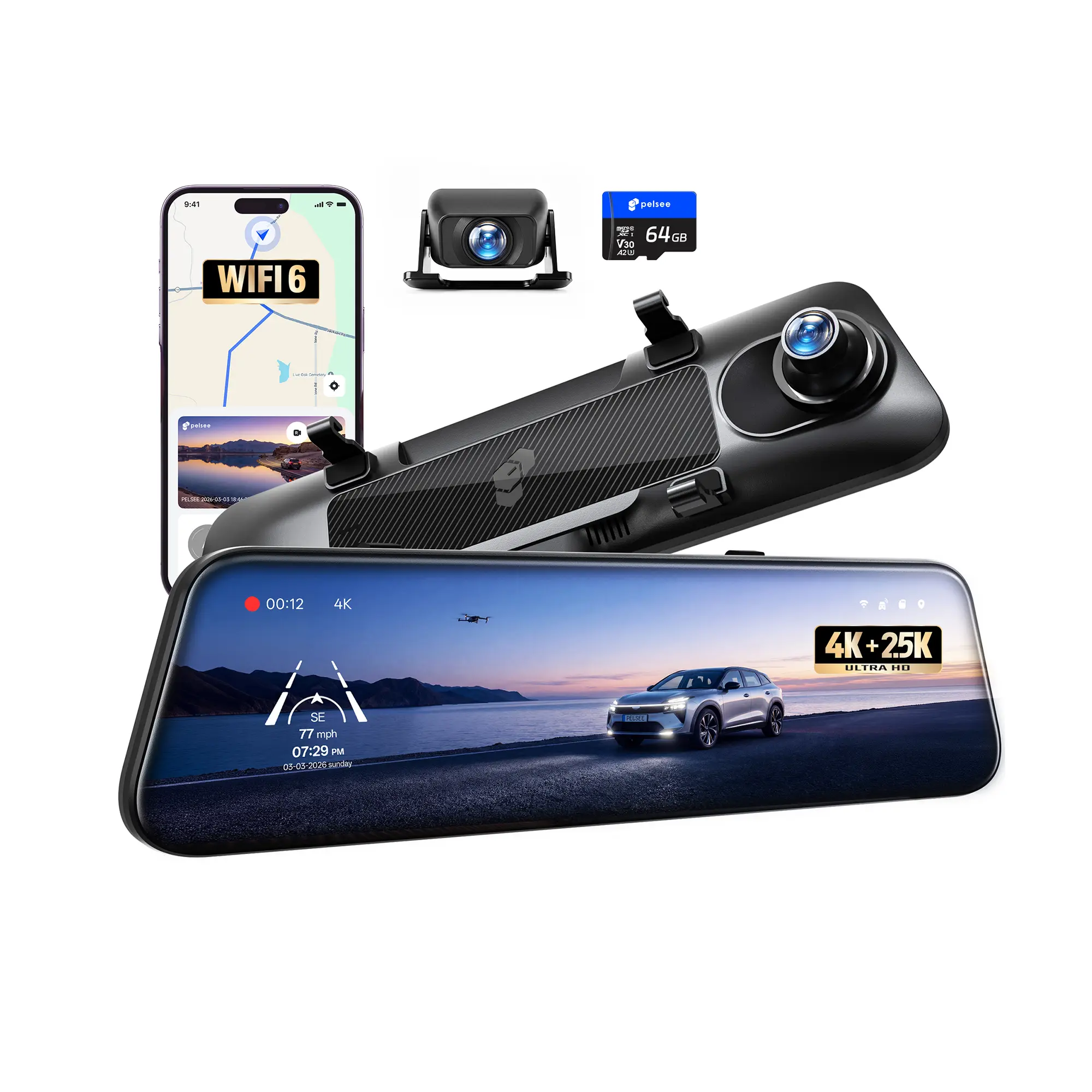 Pelsee S12 Telephoto Version Native 4K + 2.5K Mirror Dash Cam, Rear View Mirror Camera w/ 8MP Sensor, Color Night Vision, WiFi 6 30MB/s Download, GPS, 64GB Card, Backup Camera for SUVs Trucks Vans RVS