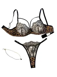 【EasDoing】2 Pieces Leopard Print Lace Lingerie Set Pure Desire Sexy Sheer Lace Bra and Thong Set Spicy Girl Boudoir Photoshoot Vibe Lingerie Two Piece Set
