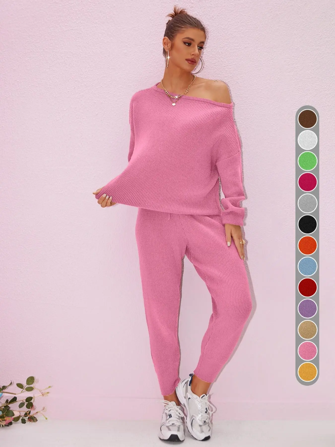 Two-piece Set Women's Solid Color One Shoulder Sweater & Drawstring Waist Pants, Casual Long Sleeve Top & Trousers for Fall & Winter, Women's Clothes