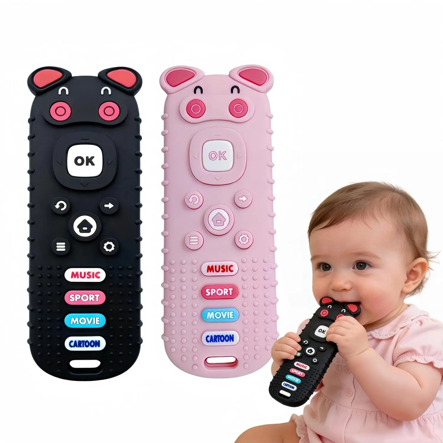 2Pcs BPA-Free Silicone Sensory Baby Teethers - Remote-Shaped Pig Design, Teething Relief Aids & Mock TV Remote Toys for 3-18 Months Newborns, Sensory Teether