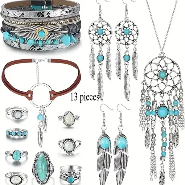 13 Bohemian Western Style Synthetic Turquoise Necklaces, Earrings, Bracelets, And Ring Sets For Women'S Daily Vacations, Party Wear, Jewelry, Holiday Gifts