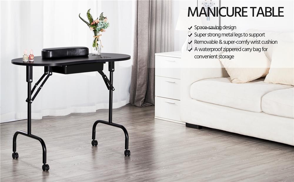 【Crazy Price】Yaheetech 37-inch Portable & Foldable Manicure Table Nail Desk Workstation with Large Drawer/Client Wrist Pad/Controllable Wheels/Carrying Case for Spa Beauty Salon