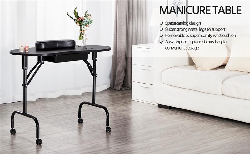 【Crazy Price】Yaheetech 37-inch Portable & Foldable Manicure Table Nail Desk Workstation with Large Drawer/Client Wrist Pad/Controllable Wheels/Carrying Case for Spa Beauty Salon