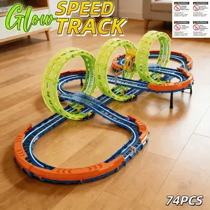 Tld 74 Piece Glow-In-The-Dark Three-Ring Racing Car Track Building Set Toy, Unisex Assembly Kit, Model Xinghao 89937, No Battery Included