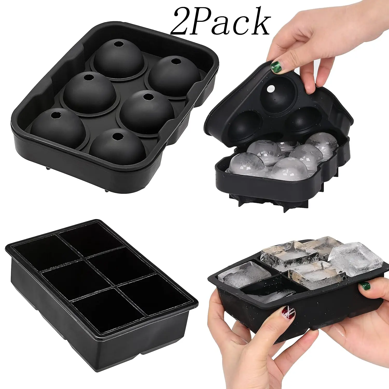 2 Pack Reusable Black Ice Cube Trays,Silicone Rectangular Ice Cube Tray with Sqaure and Ball shape mold,for Cocktails and Bourbon