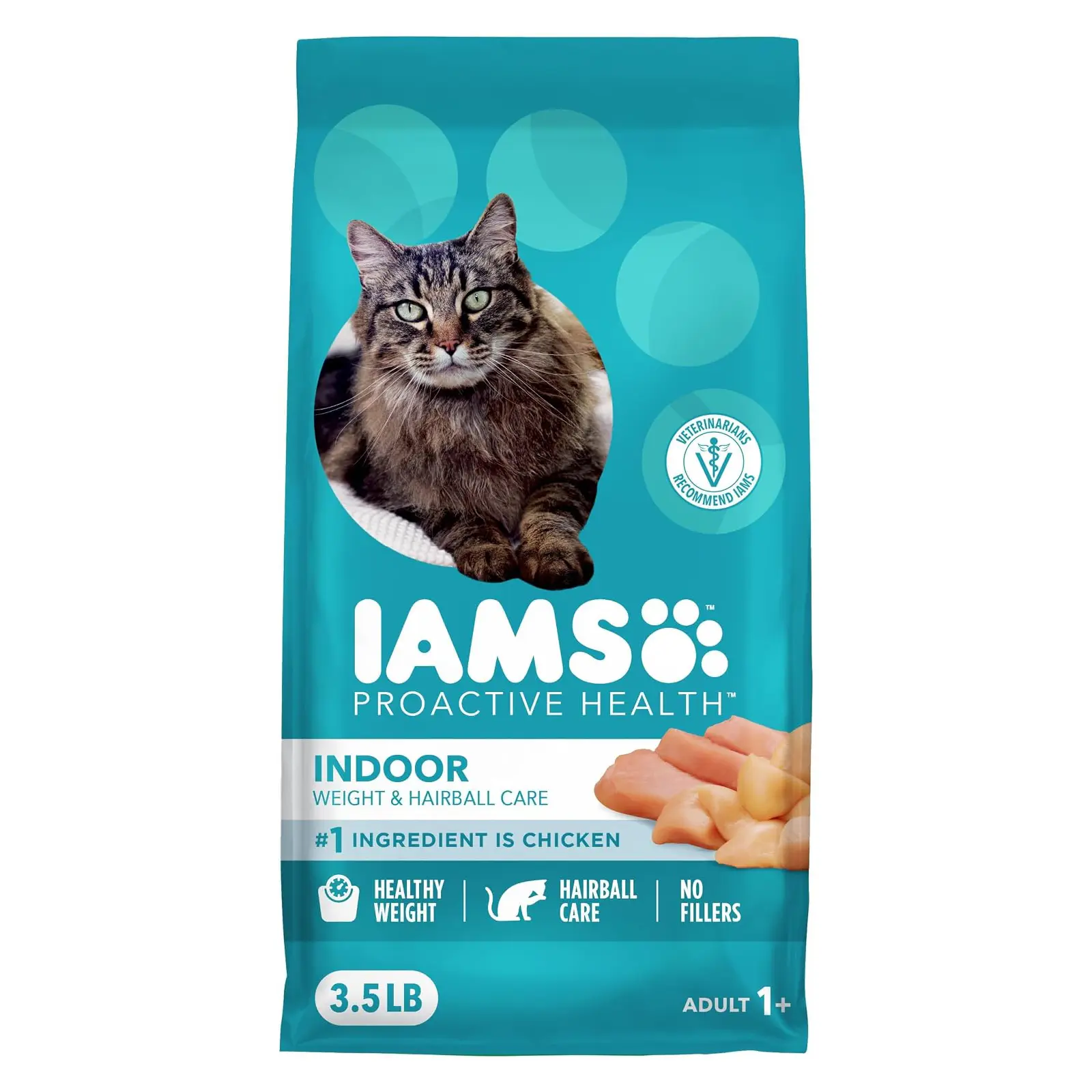 IAMS Proactive Health Indoor Dry Cat Food, Chicken & Turkey, 3.5 lb Vet-recommended, Real Chicken #1 Ingredient, Proprietary Fiber Blend, Prebiotics for Healthy Digestion, Hairball Control