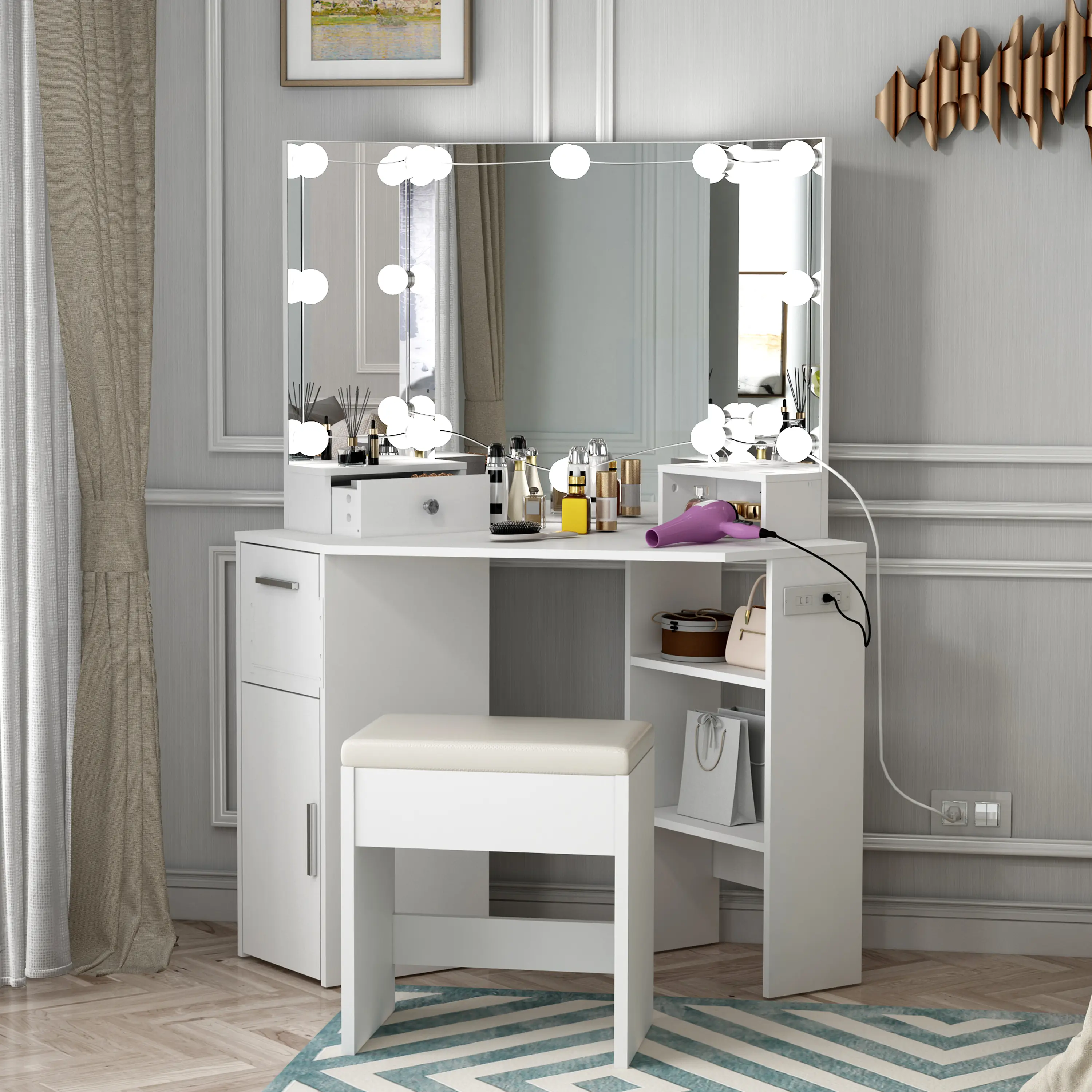 Corner Makeup Vanity Set with Large Lighted Mirror - 2 Drawers & Open Shelves - Power Outlet & USB Charging - 3-Color Dimmable LED Lights - Upholstered Stool - Modern Compact Dressing Table for Bedroom & Small Spaces