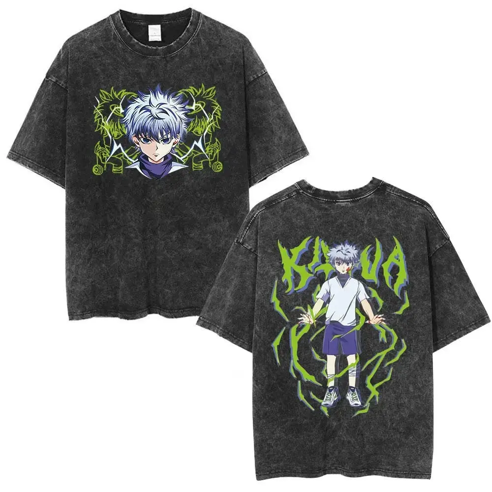 Hunter x Hunter Shirt, Killua Zoldyck Green Lightning Godspeed Oversized Tshirt, Vintage Acid Wash Graphic Tee, Harajuku Streetwear Unisex Top