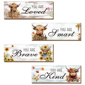Letter & Highland Cow & Flower Pattern Wooden Sign, 4pcs/set Rustic Farmhouse Wall Art Plaque, Farmhouse Decoration, Wall Decor for Home Living Room Bedroom Bathroom Kitchen