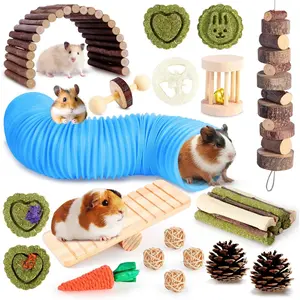 Hamster Toys Guinea Pig Toys Set with Tunnel, Chewable   &  Timothy Hay - Enrichment  Toys for Small  - 24+ Cage Accessories for  Care & Boredom  (Blue)