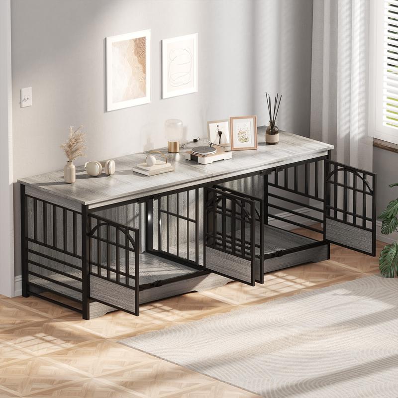 COZPAW 86 Inch Double Dog Crate Furniture for 2 Dogs, Decorative Dog Kennel Indoor TV Stand, Heavy Duty Wooden Dog Cage for Large Medium Dogs Sized Dog Pet House with Divider (Brown)