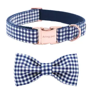 ARING PET Blue Plaid Dog Collar, Adjustable Metal Buckle Cotton Collar with Bow Tie for Small Medium Large Girl Boy Dogs