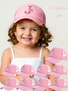 1PC Girls' A-Z Letter Floral Embroidery Baseball Cap, Adjustable Buckle Sun Protection Hat, Sun Hats, Summer Casual Mesh Hat for Ages 3-8