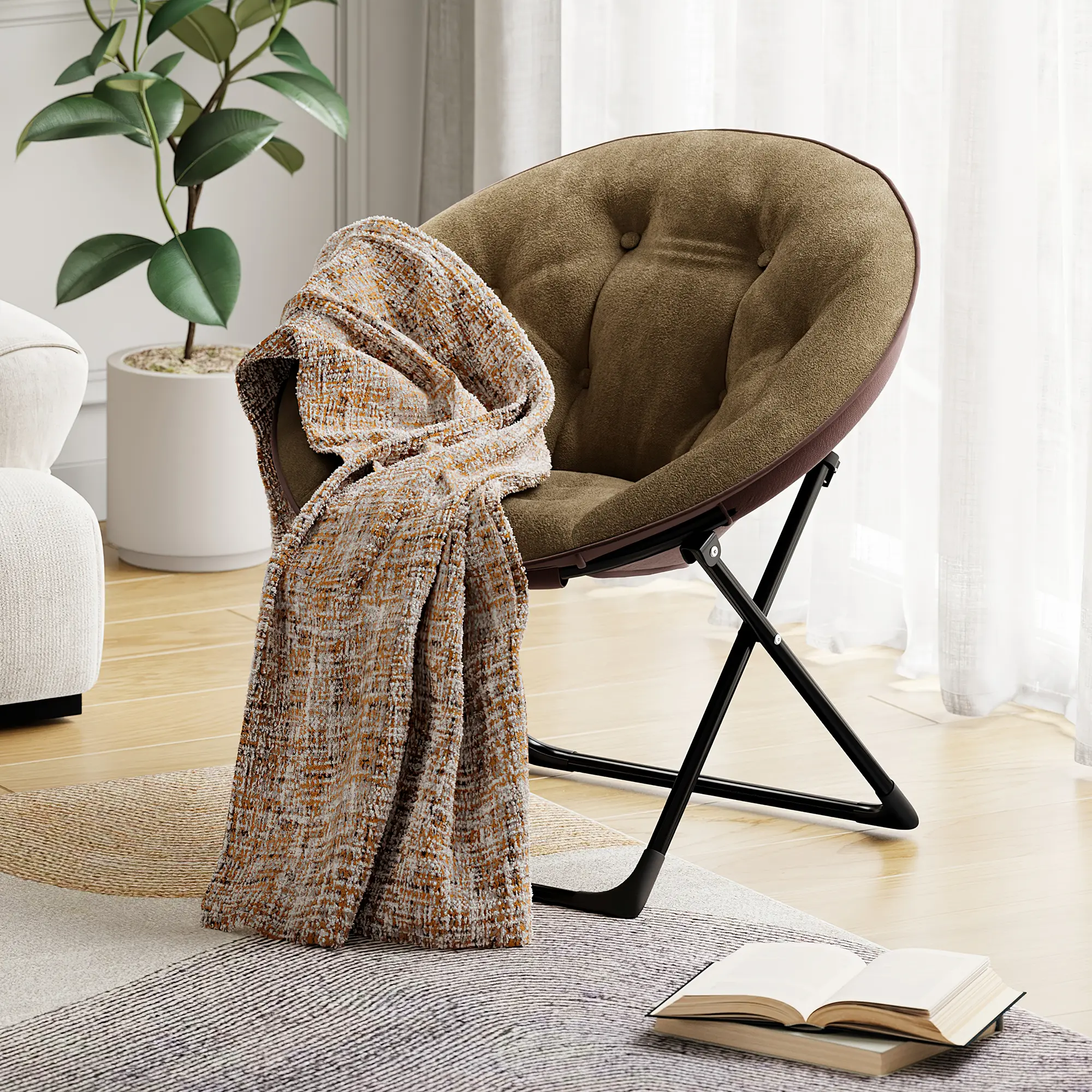 【GARVEE】Oversized Saucer Chair for Bedroom & Living Room – Ultra Comfy Collapsible Faux Fur Lounge Chair, Soft Accent Moon Chair, Sturdy Metal Frame, No Assembly – Gray or Brown