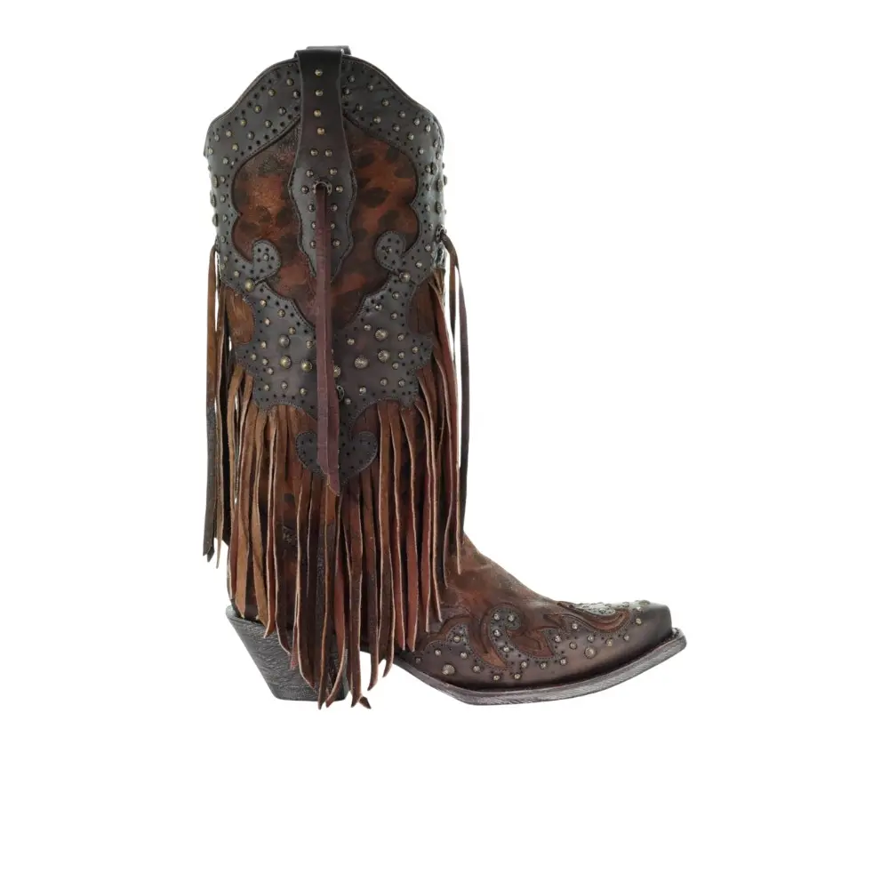 Corral Boots Womens Leopard Fringe Snip Toe Pull On  Casual Boots Mid Calf Mid Heel 2-3" - Brown