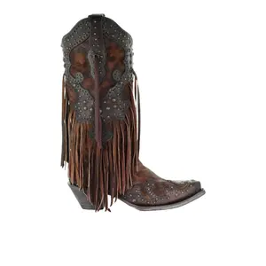 Corral Boots Womens Leopard Fringe Snip Toe Pull On  Casual Boots Mid Calf Mid Heel 2-3" - Brown