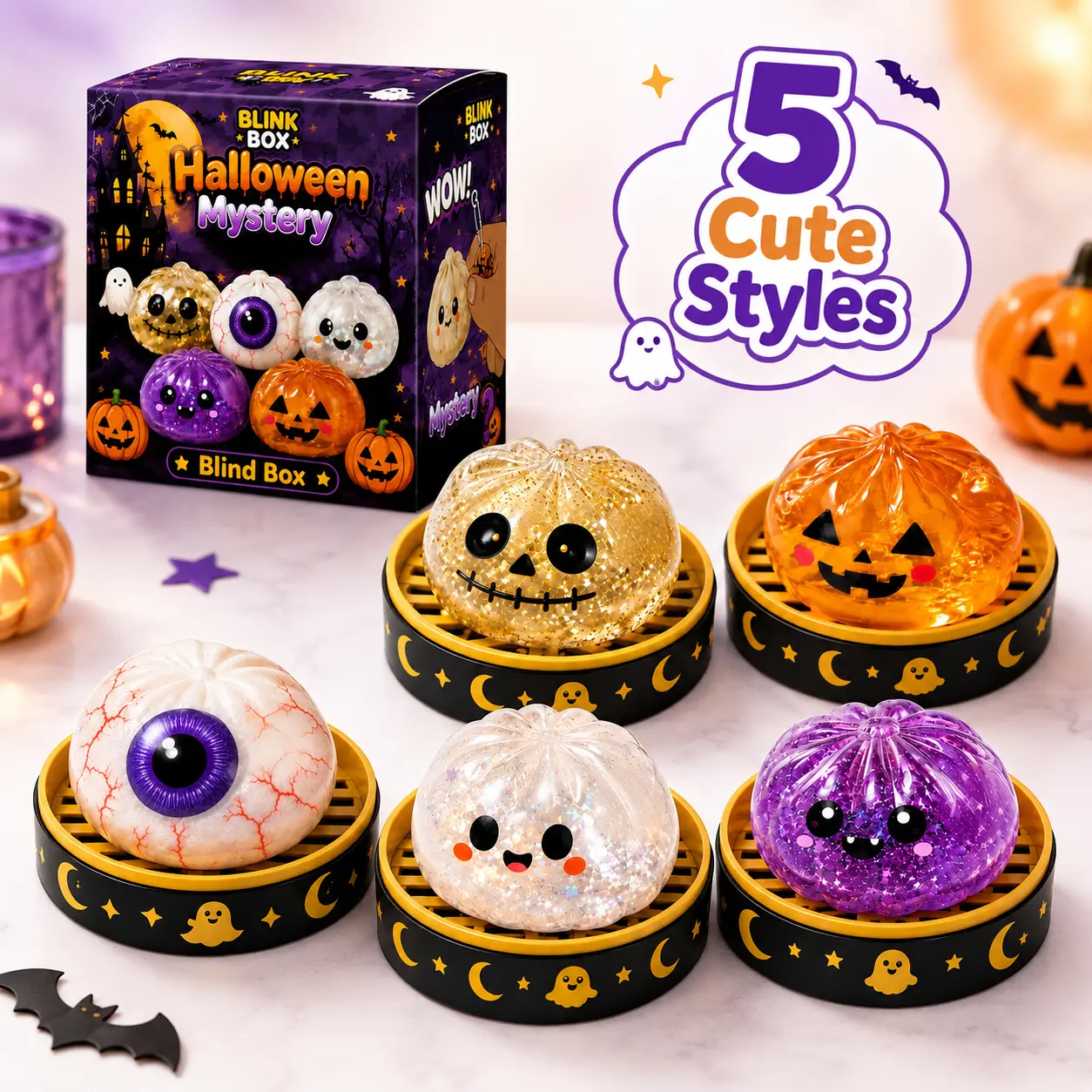 Cute Halloween scary ghost Maruko squeeze toy set, portable stress-relief hand squeeze toys, perfect Halloween party treat bag fillers and holiday gifts tiktokshopbacktoschool