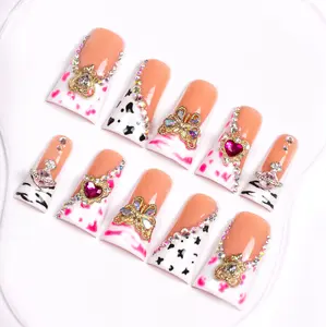 Lovful Duck Tips Classic Regular Length 1.3'' Bold Handmade Acrylic Press On Nails 10PCS Reusable Salon Quality H26-H176 Rhinestone Bow Decorated