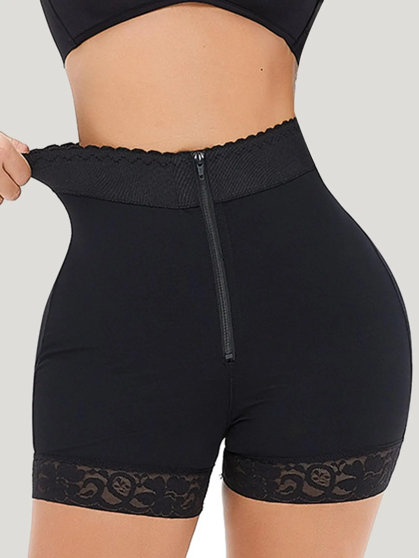 Women's Solid Contrast Lace Shapewear Shorts, Scallop Trim Zip Front Seamless Shaper for Daily Wear, Women's Shapewear Clothing for All Seasons