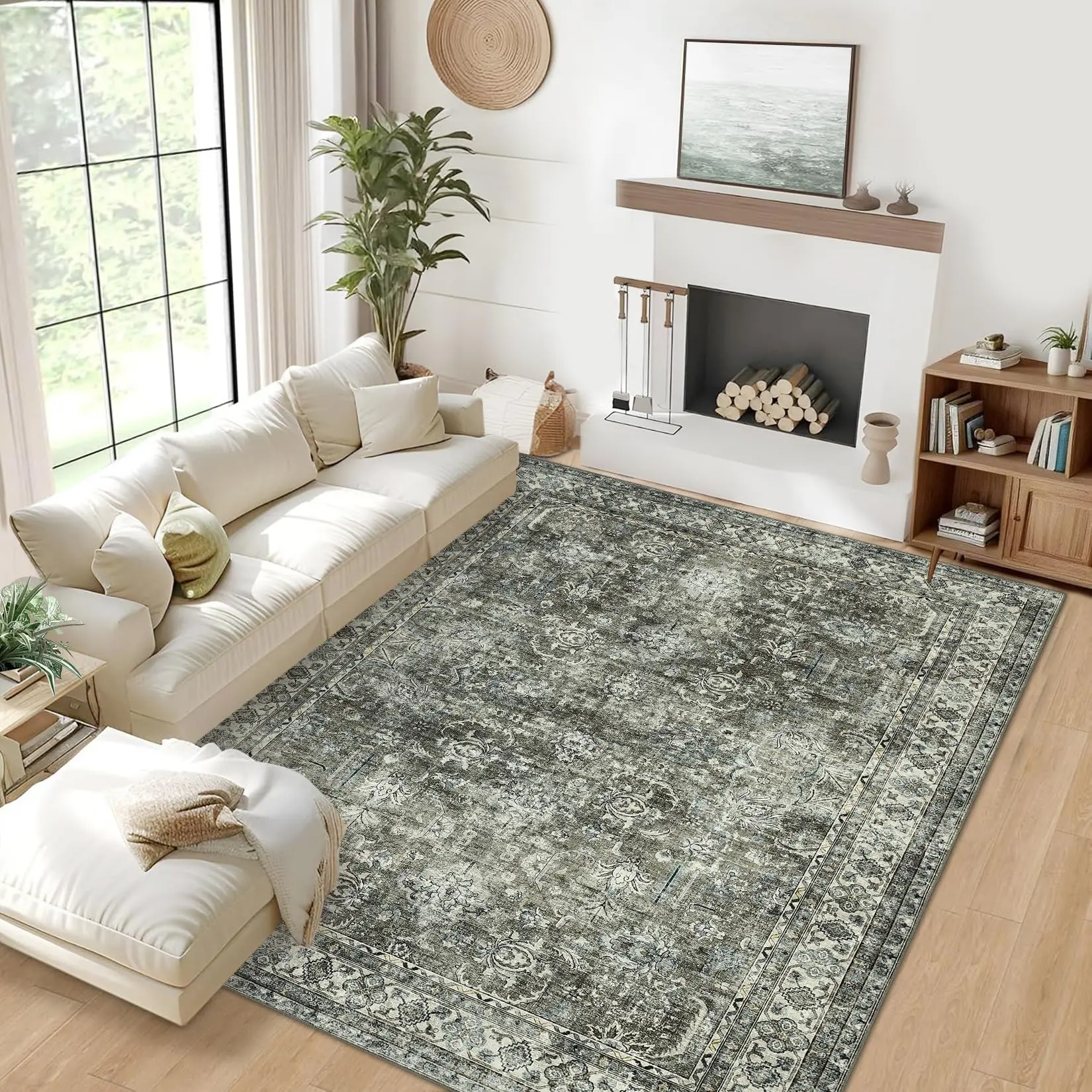 GARVEE Washable Rugs 9x12 Area Rug for Bedroom Vintage Boho Tribal Non Slip Throw Rugs Large Living Room Rug Low Pile Soft Stain Resistant Carpet for Dining Room Office, 9'x12' Green
