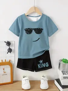 Boys' Cool Sunglasses Smiley Face Set, Summer Kids King Letter Short Sleeve Shorts Two-Piece Set, Trendy