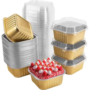 50 Pcs 5oz 150ml Gold Mini Square Disposable Baking Cups with Lids Aluminum Foil Dessert Cupcake Pans for Wedding Birthday Party