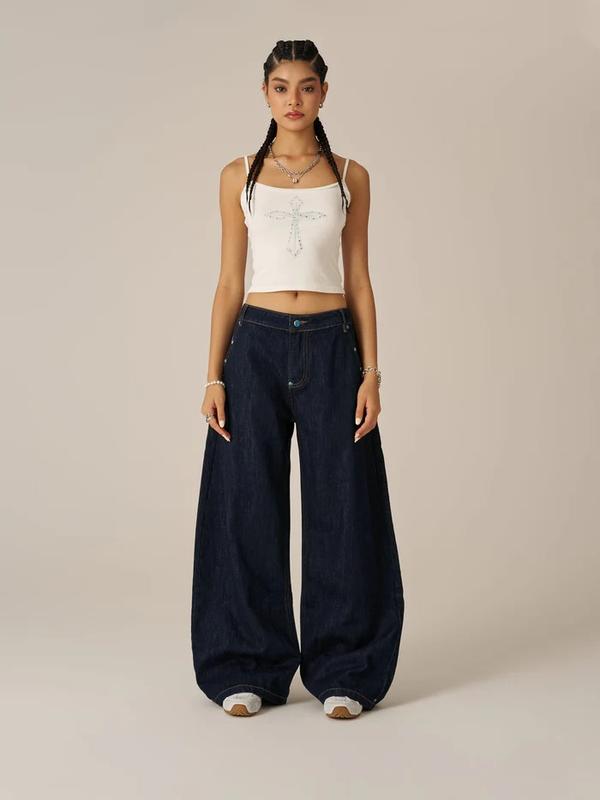 Aelfric Eden Vintage Rivet Raw Baggy Barrel Jeans Mid-low Rise Baggy Jeans Unisex Stretchy Wide Leg Distressed Pants Lady Basic Minimalist Comfortable Denim Tummy Control Curve Hugging Plus Size Regular Size BBL