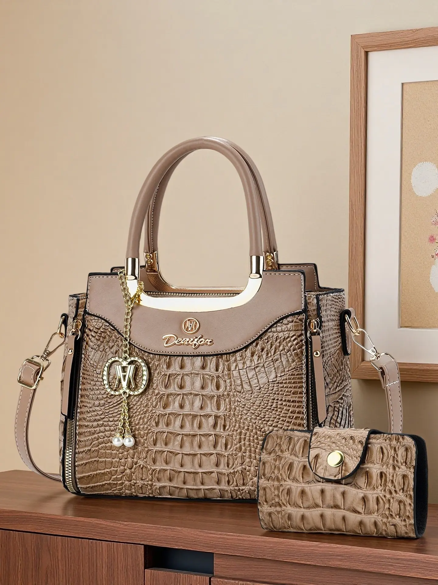 Women's Crocodile Pattern Satchel Bag Set, Casual PU Handbag & Crossbody Bag, Perfect Mother's Day Gift, All Seasons