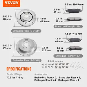 VEVOR Front and Rear Brake Kit Compatible with Toyota Sienna, Highlander, Lexus RX350, RX450h, Drilled and Slotted Brake Rotors Ceramic Brake Pads Replacement, 12.9 Front Rotors 12.2 Rear Rotors