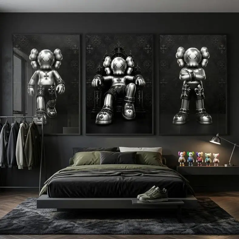 [FULL SIZE]  3Pcs KAWS Room Decor Black and Silver Wall Art Poster Unframed HD Print Home Office Decor Unique Trendy Christmas Gift