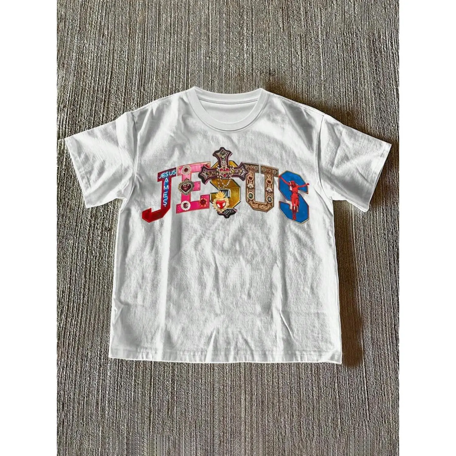 Glimmora Religious Faith Cross and Jesus Graphic Print Women S Crew Neck T Shirt Featuring Multi Color Gemstone Accents