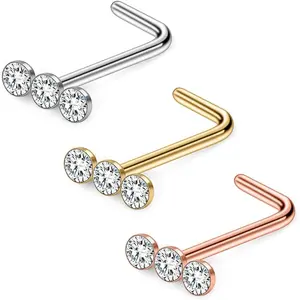 20G Surgical Steel Triple Linear  Ball Round  CZ Nose Stud Rings L Shaped   3 count