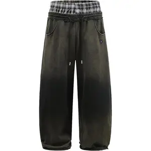 Men’s Double-Waist Washed Baggy Sweatpants – Loose Wide-Leg Plaid Patchwork Casual Pants with Pockets
