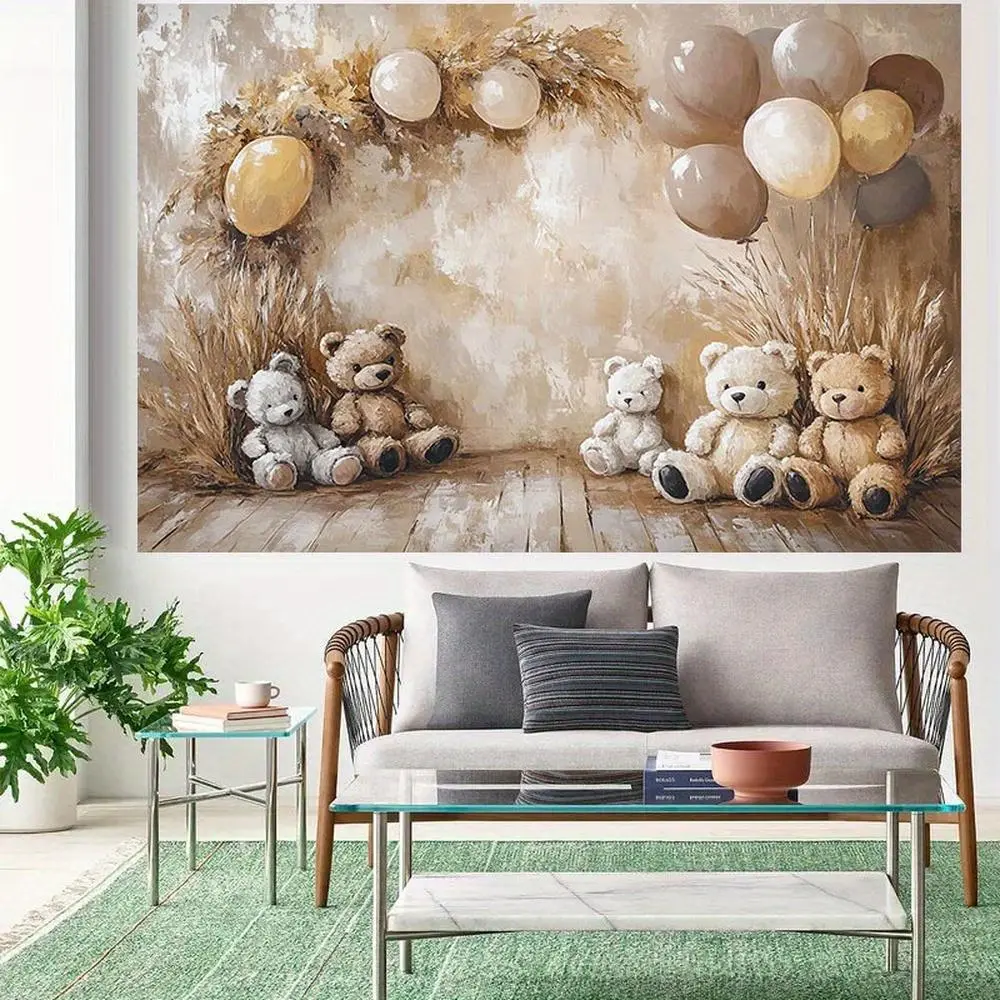 1pc Neutral-Tone Durable Polyester 2D Flat Teddy Bear Banner - Electricity-Required Soft Fabric Backdrop with Teddy Bears, Animal Decor, Balloons for Indoor Ceremony, Birthday Decorations (Textiles & Soft Furnishings)