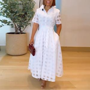 CHICME 2026 Women's Turn-down Collar Plaid Mesh Double-Layered Cinched Waist A Line Shirt Dress With Pocket/Summer Dress Button Down Bow Tie Waist Maxi Dress for Wedding Guest & Wedding