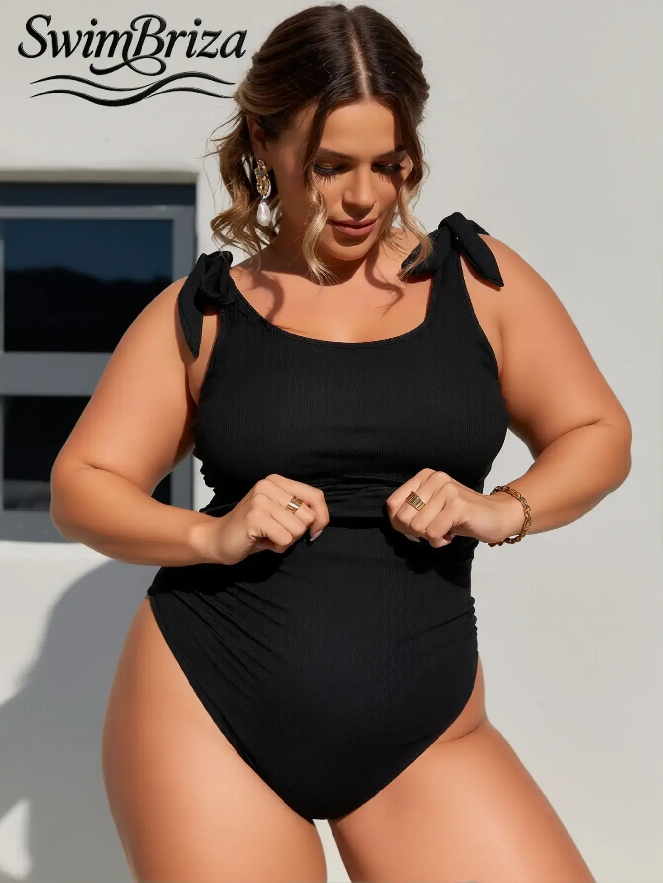 Briza｜Ribbed Tie-Strap One Piece Swimsuit For Women In Solid Black Plus Size Swimsuits Plus Size Swimwear Bathing Suit Women Love With Tummy Control Swimwear And Swimsuit Tummy Control, Swimsuits For Women And Vacation Swimwear For Women