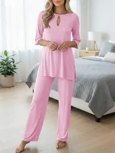 Fisoew Women’s Soft Lounge Set 2-Piece Pajama Set – Keyhole Neck Short Sleeve Top & Wide Leg Pants Sleepwear (S-2XL)