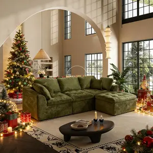 110" Cloud Sectional Couch for Living Room, Upholstered L-Shape Modular Sofa with Movable Ottoman, 3-Seater Deep-Seat Foam Couch, Comfortable Convertible Sectional for Home & Apartment（Green）